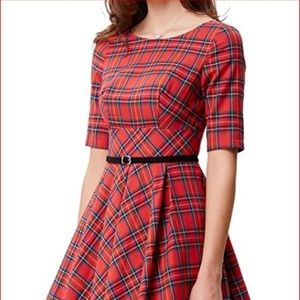 Vintage Hepburn Plaid Swing Dress with Belt